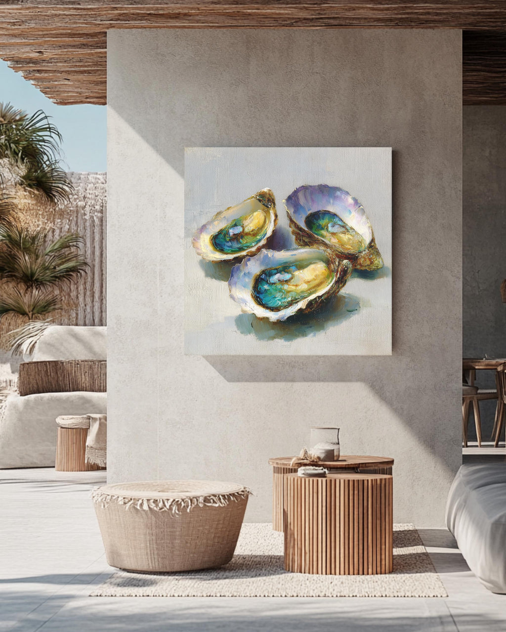 Colorful Oyster Shell Oil Painting, Coastal Beach House Wall Art, Textured Sea Shell Poster Canvas Print, Nautical Ocean