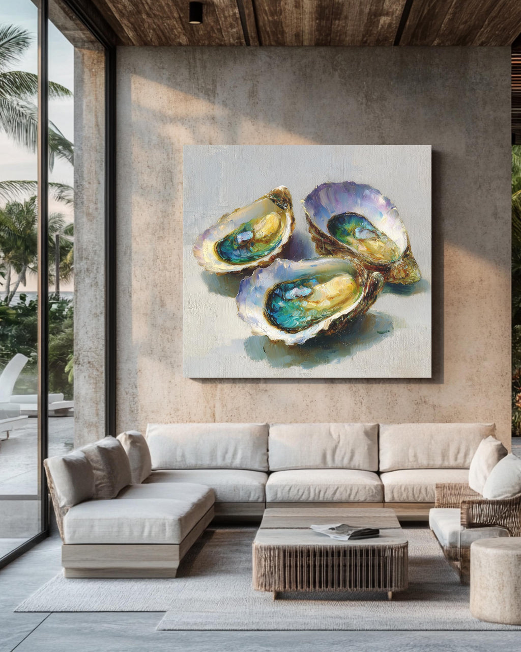 Colorful Oyster Shell Oil Painting, Coastal Beach House Wall Art, Textured Sea Shell Poster Canvas Print, Nautical Ocean