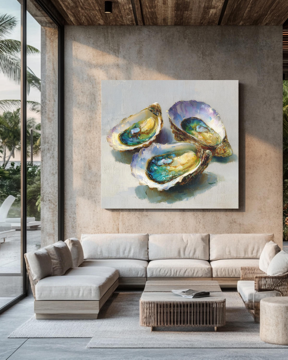 Colorful Oyster Shell Oil Painting, Coastal Beach House Wall Art, Textured Sea Shell Poster Canvas Print, Nautical Ocean