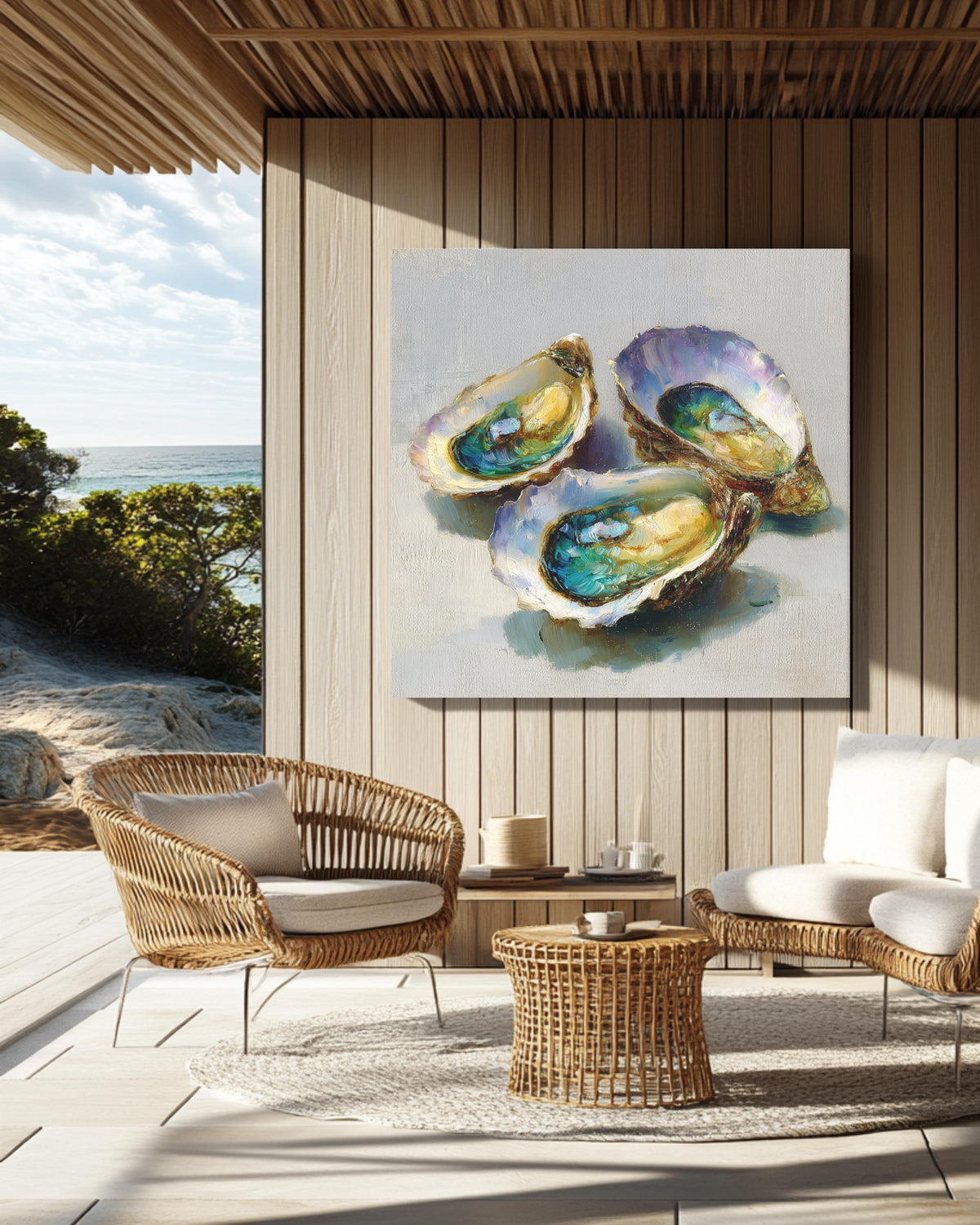 Colorful Oyster Shell Oil Painting, Coastal Beach House Wall Art, Textured Sea Shell Poster Canvas Print, Nautical Ocean
