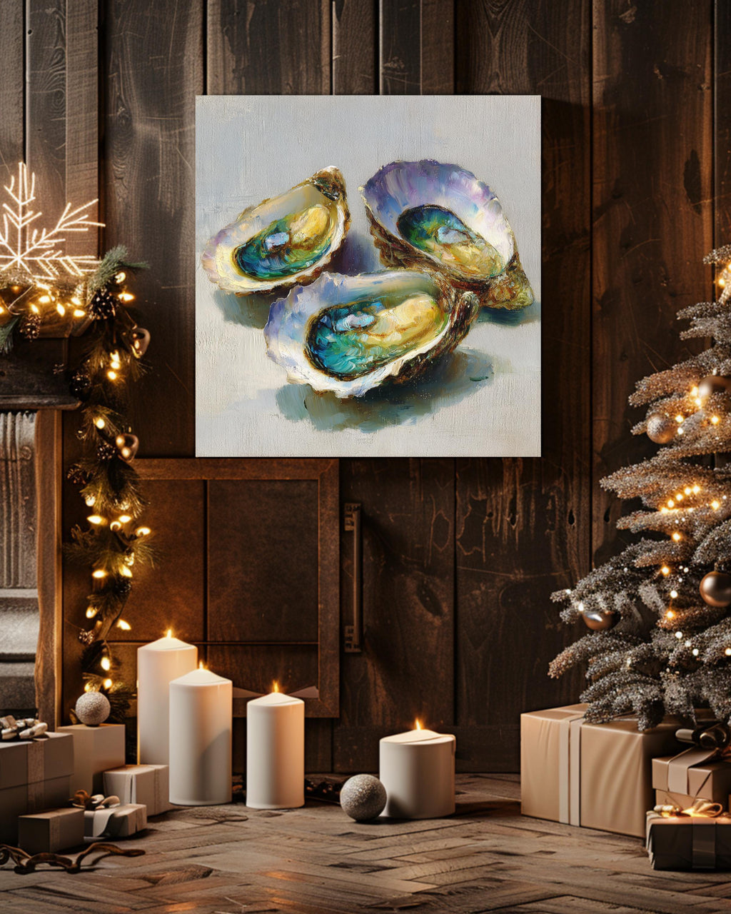 Colorful Oyster Shell Oil Painting, Coastal Beach House Wall Art, Textured Sea Shell Poster Canvas Print, Nautical Ocean