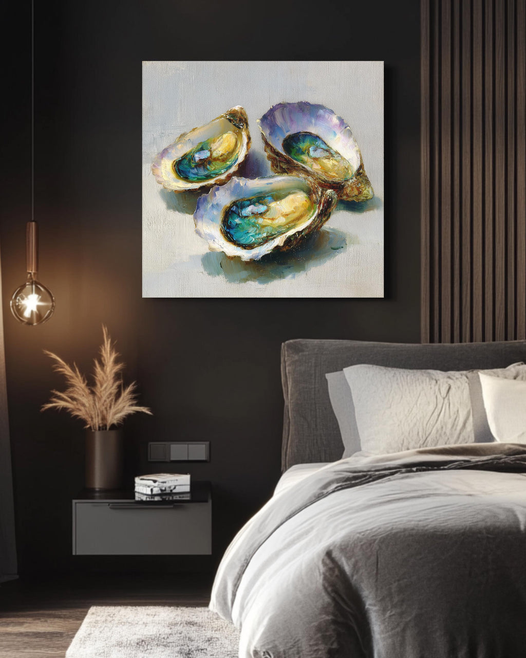 Colorful Oyster Shell Oil Painting, Coastal Beach House Wall Art, Textured Sea Shell Poster Canvas Print, Nautical Ocean