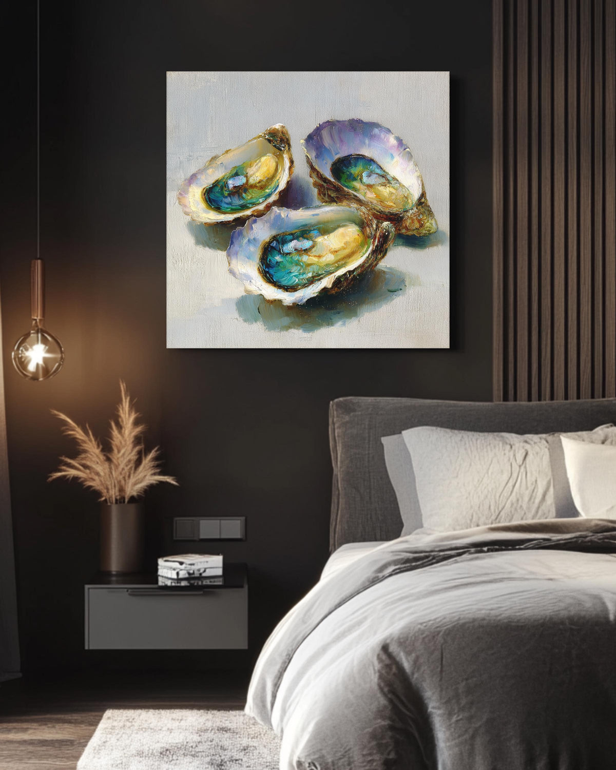 Colorful Oyster Shell Oil Painting, Coastal Beach House Wall Art, Textured Sea Shell Poster Canvas Print, Nautical Ocean