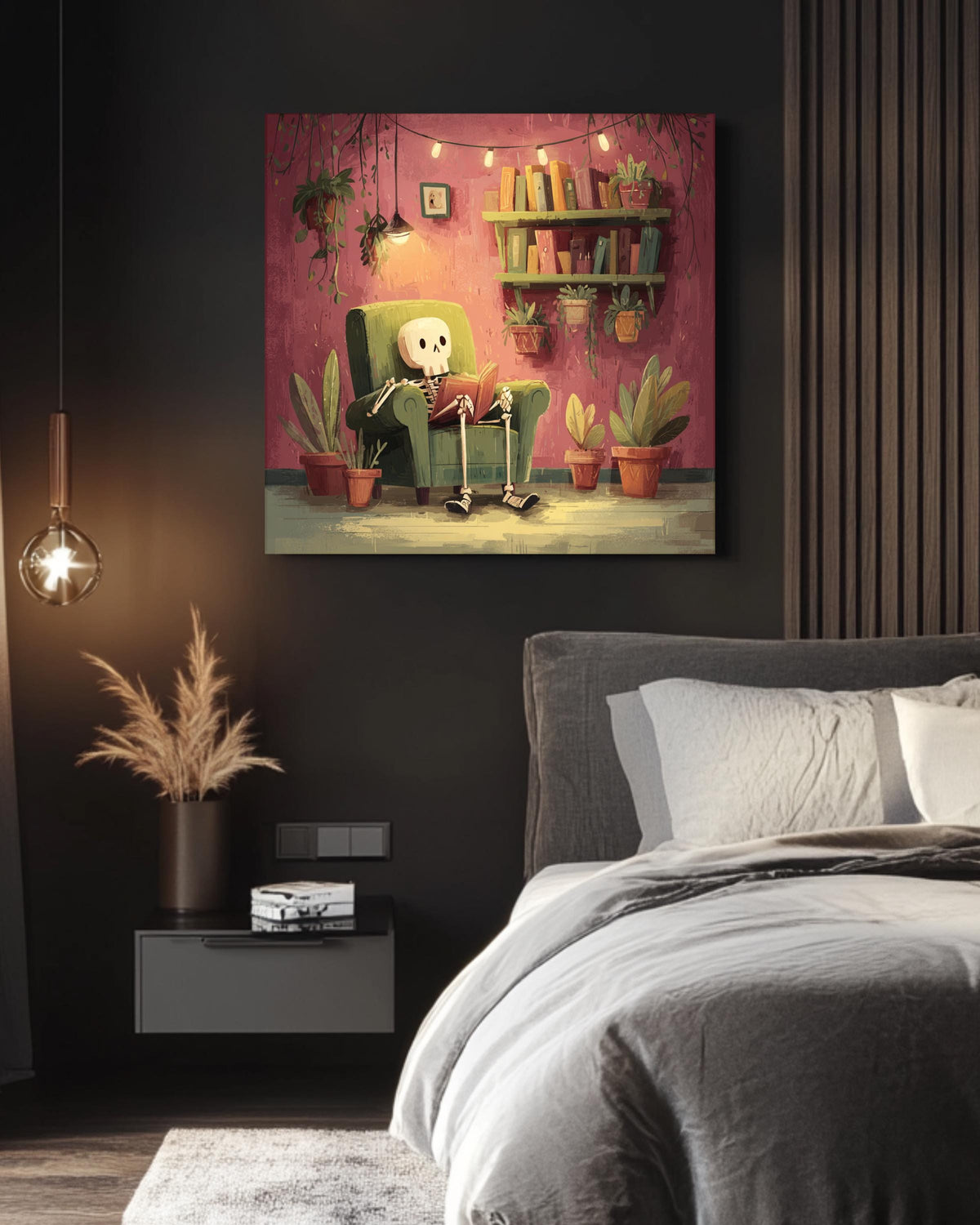 Cozy Skeleton Reading in Armchair Art Print, Whimsical Gothic Wall Art, Cute Pastel Skeleton Poster Canvas