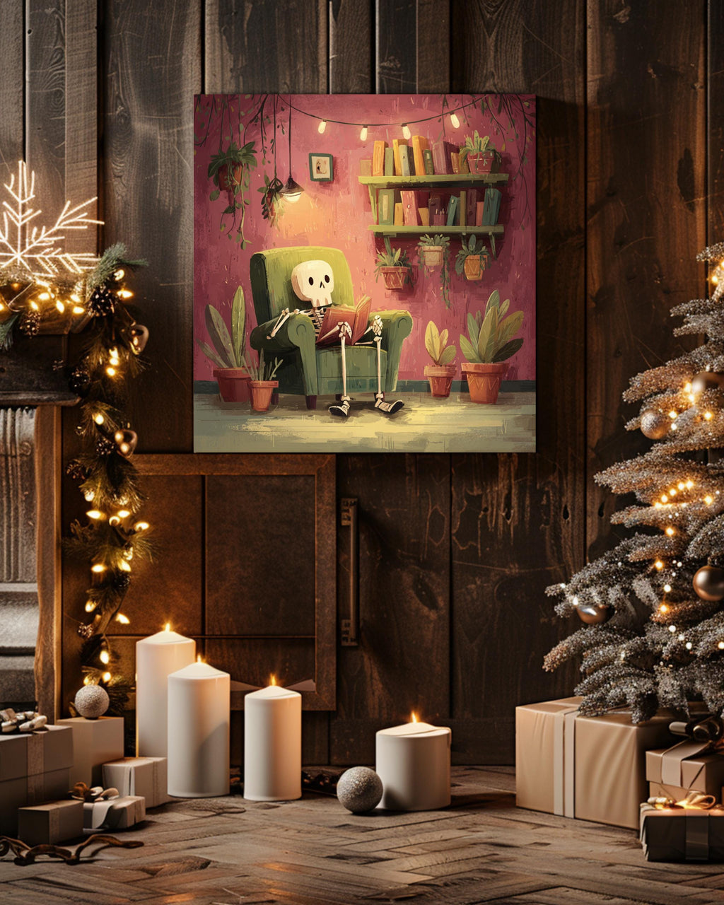Cozy Skeleton Reading in Armchair Art Print, Whimsical Gothic Wall Art, Cute Pastel Skeleton Poster Canvas