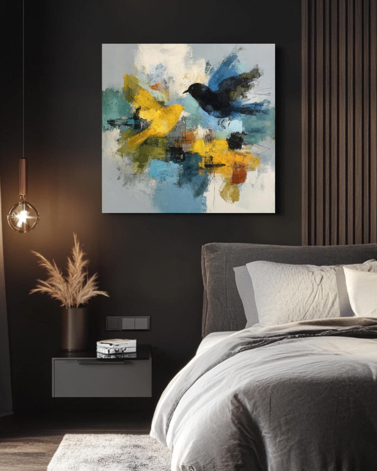 Abstract Yellow Green Black Painting, Modern Emotional Wall Art, Expressive Brushstroke Poster Canvas, Contemporary Minimalist Art