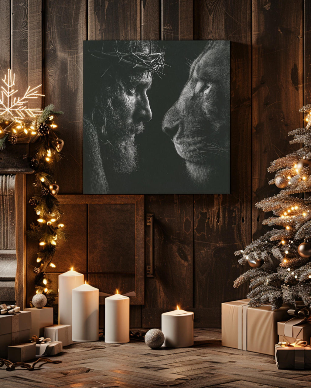 Black and White Jesus and Lion Portrait, Crown of Thorns Realistic Drawing, Spiritual Christian Wall Art, Faith Poster Canvas
