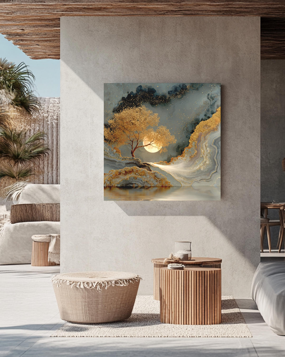 Agate Painting with Golden Tree and Leaves, Luxury Metallic Wall Art, Gold Silver Brown Poster Canvas, Moon Veil Nature Decor