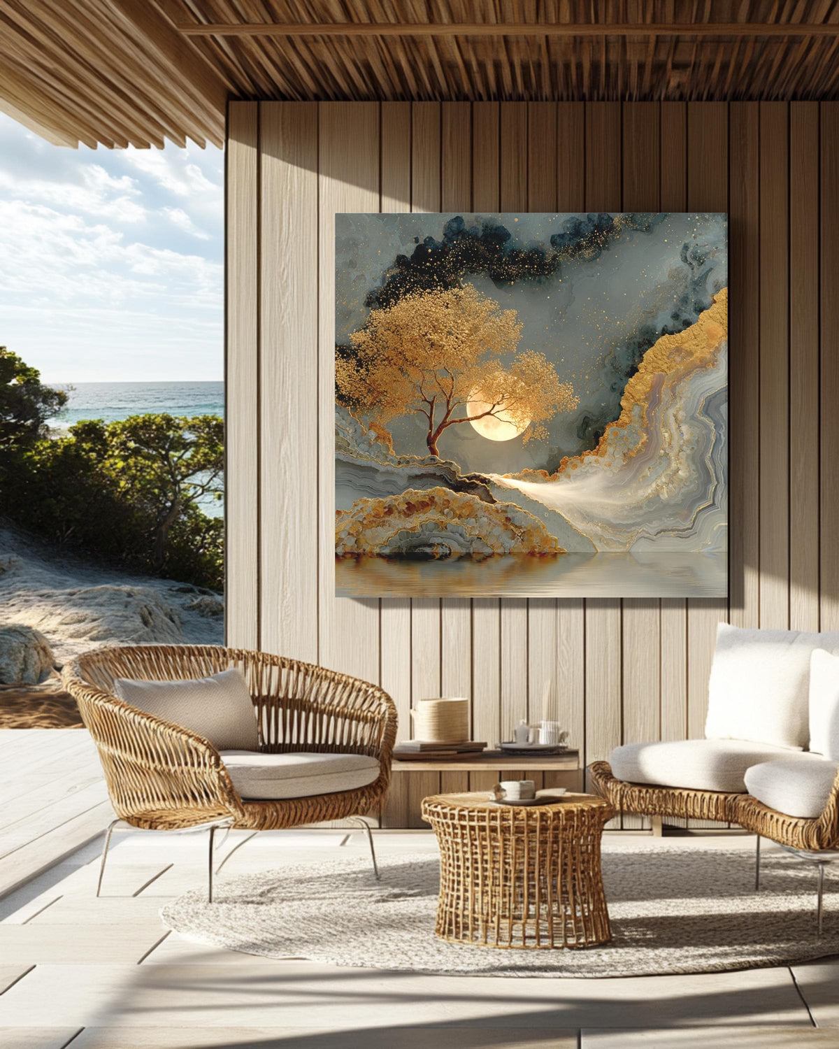 Agate Painting with Golden Tree and Leaves, Luxury Metallic Wall Art, Gold Silver Brown Poster Canvas, Moon Veil Nature Decor