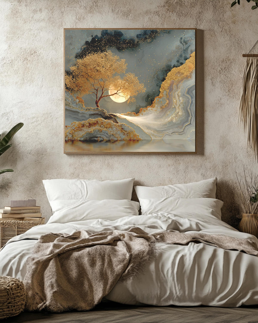 Agate Painting with Golden Tree and Leaves, Luxury Metallic Wall Art, Gold Silver Brown Poster Canvas, Moon Veil Nature Decor
