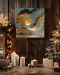 Agate Painting with Golden Tree and Leaves, Luxury Metallic Wall Art, Gold Silver Brown Poster Canvas, Moon Veil Nature Decor