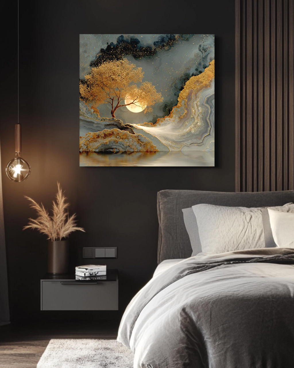 Agate Painting with Golden Tree and Leaves, Luxury Metallic Wall Art, Gold Silver Brown Poster Canvas, Moon Veil Nature Decor