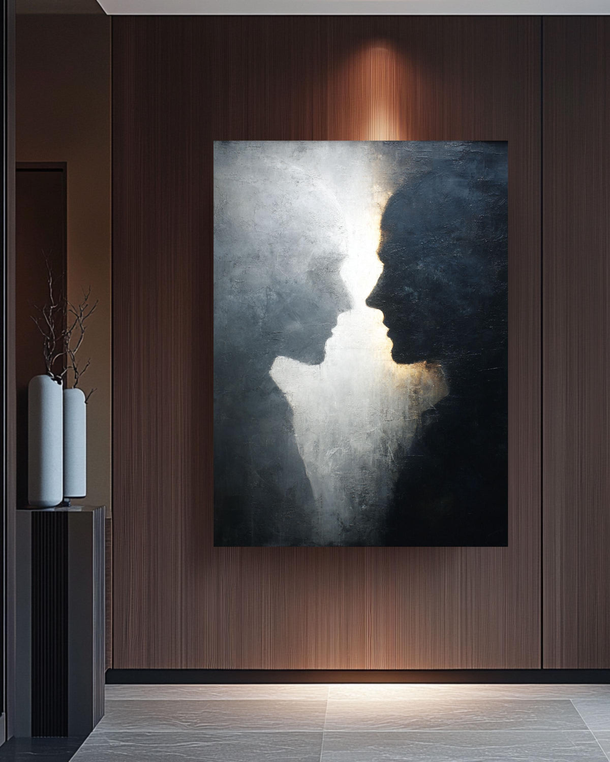 Abstract Black & White Silhouette Wall Art, Textured Canvas Print, Minimalist Profile Faces Portrait, Emotional Fine Art