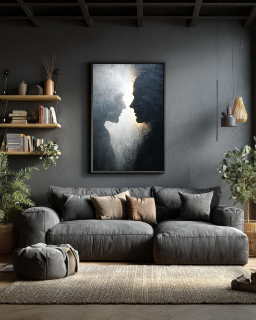 Abstract Black & White Silhouette Wall Art, Textured Canvas Print, Minimalist Profile Faces Portrait, Emotional Fine Art