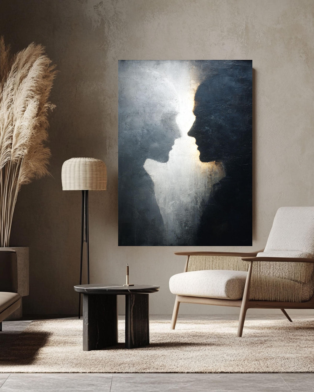 Abstract Black & White Silhouette Wall Art, Textured Canvas Print, Minimalist Profile Faces Portrait, Emotional Fine Art