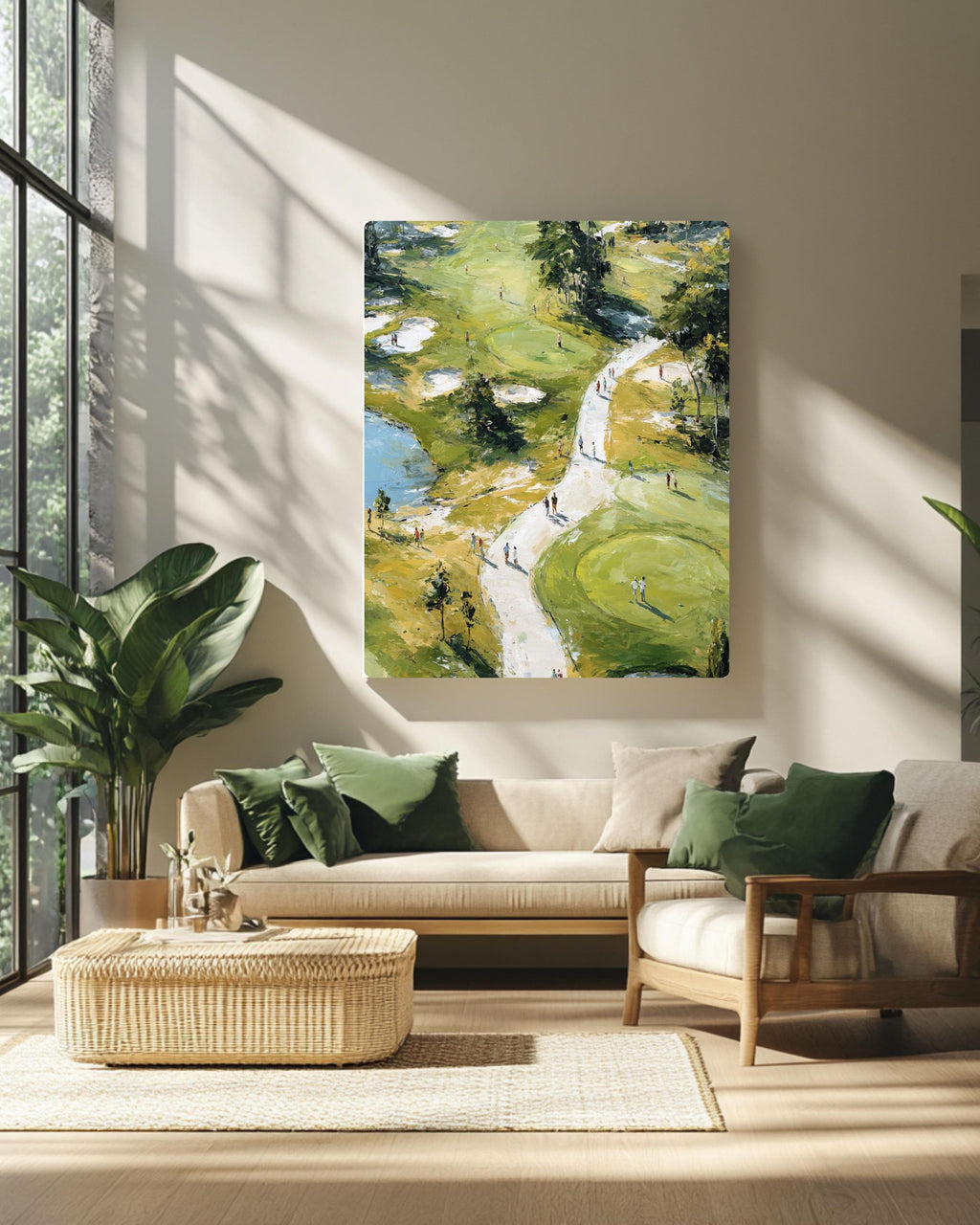 Aerial View Golf Course Oil Painting, Large Impressionist Golf Art Print, Green Landscape Canvas, Sports Decor for Office