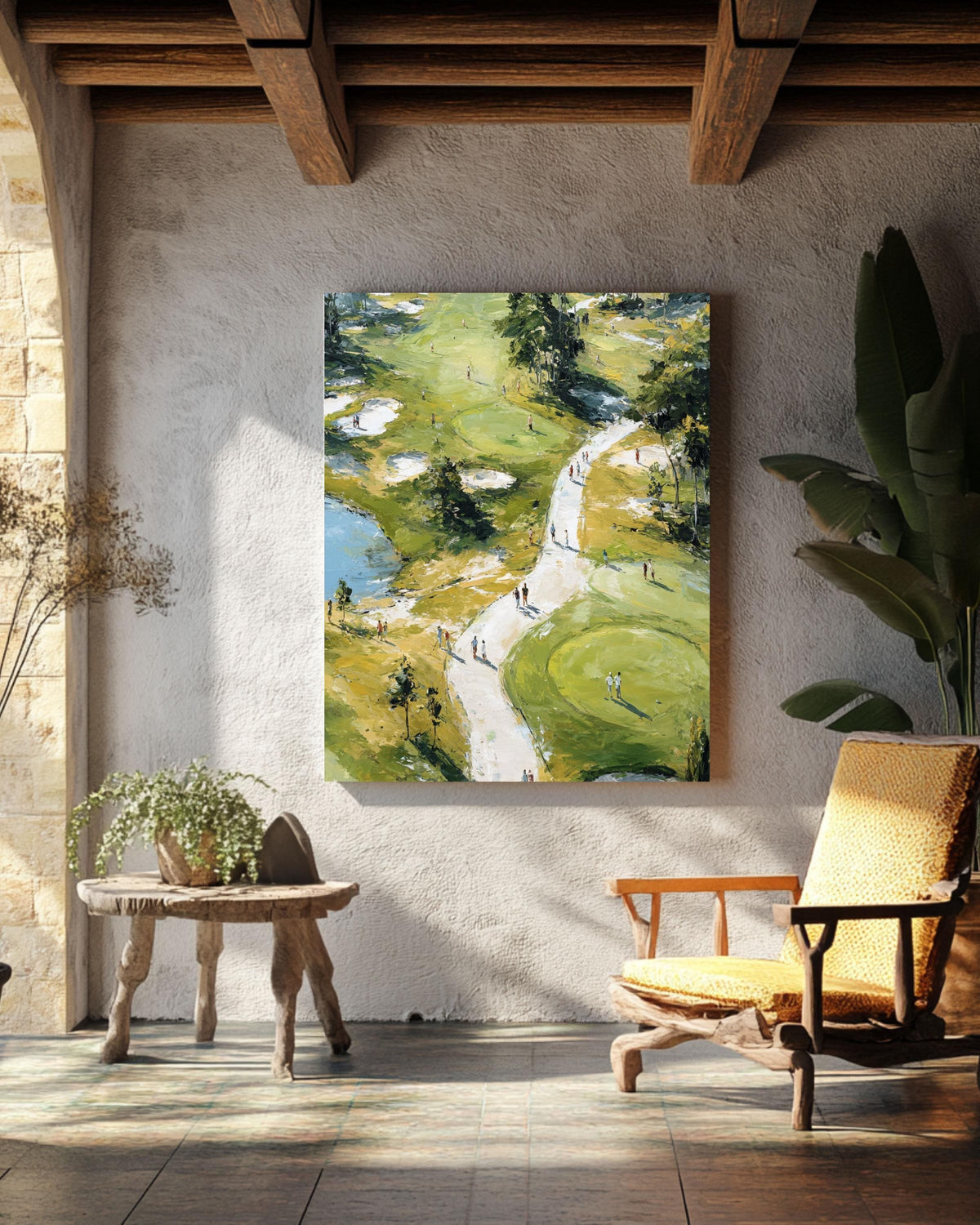 Aerial View Golf Course Oil Painting, Large Impressionist Golf Art Print, Green Landscape Canvas, Sports Decor for Office