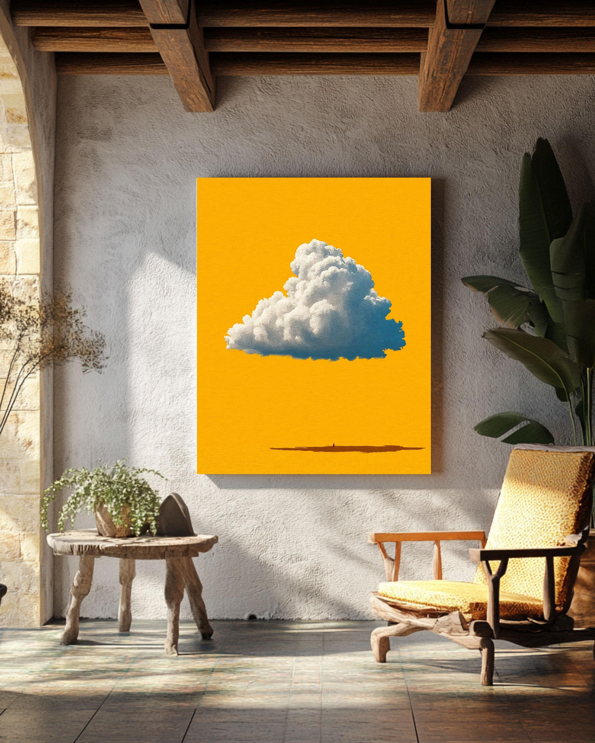 Minimalist Cloud Wall Art Canvas, Single Cumulus Cloud Print on Yellow Background, Modern Pop Art, Sunny Nursery Decor