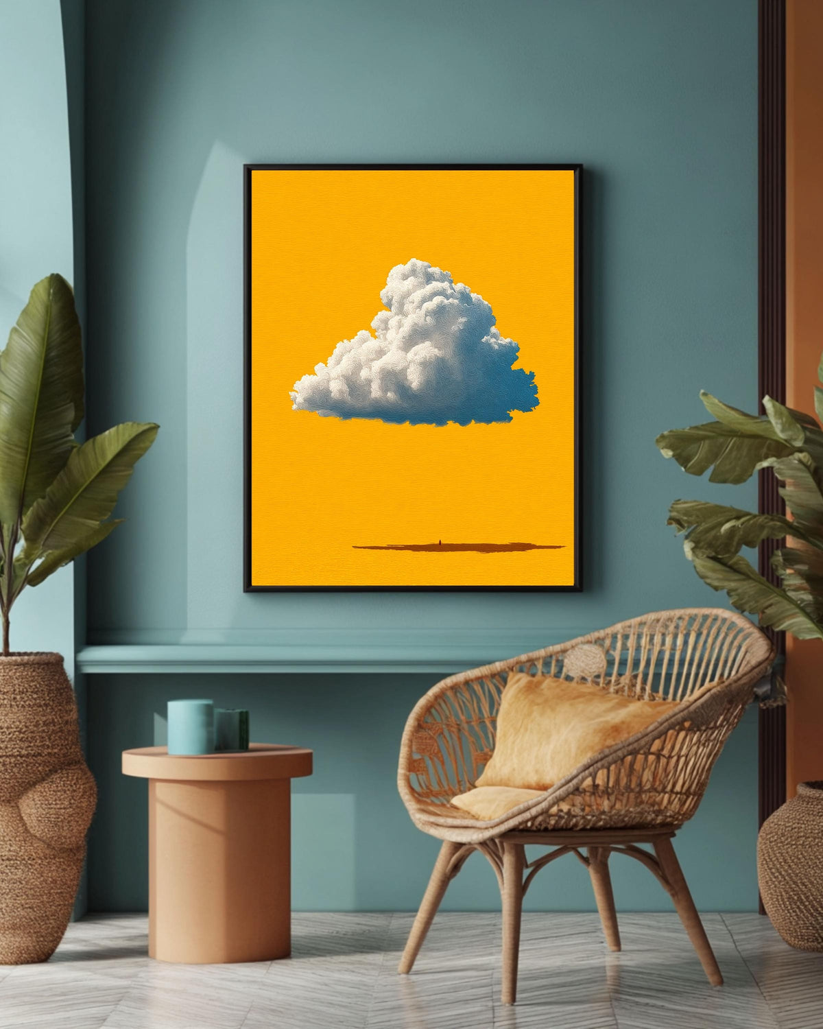 Minimalist Cloud Wall Art Canvas, Single Cumulus Cloud Print on Yellow Background, Modern Pop Art, Sunny Nursery Decor