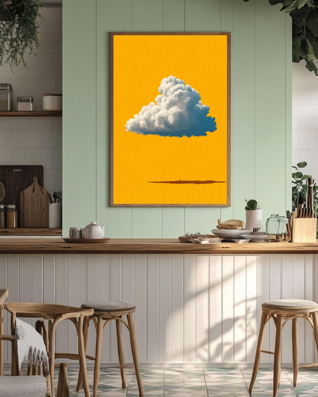 Minimalist Cloud Wall Art Canvas, Single Cumulus Cloud Print on Yellow Background, Modern Pop Art, Sunny Nursery Decor