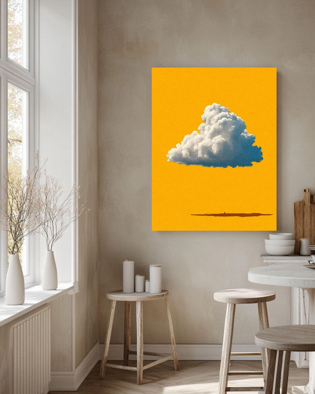 Minimalist Cloud Wall Art Canvas, Single Cumulus Cloud Print on Yellow Background, Modern Pop Art, Sunny Nursery Decor