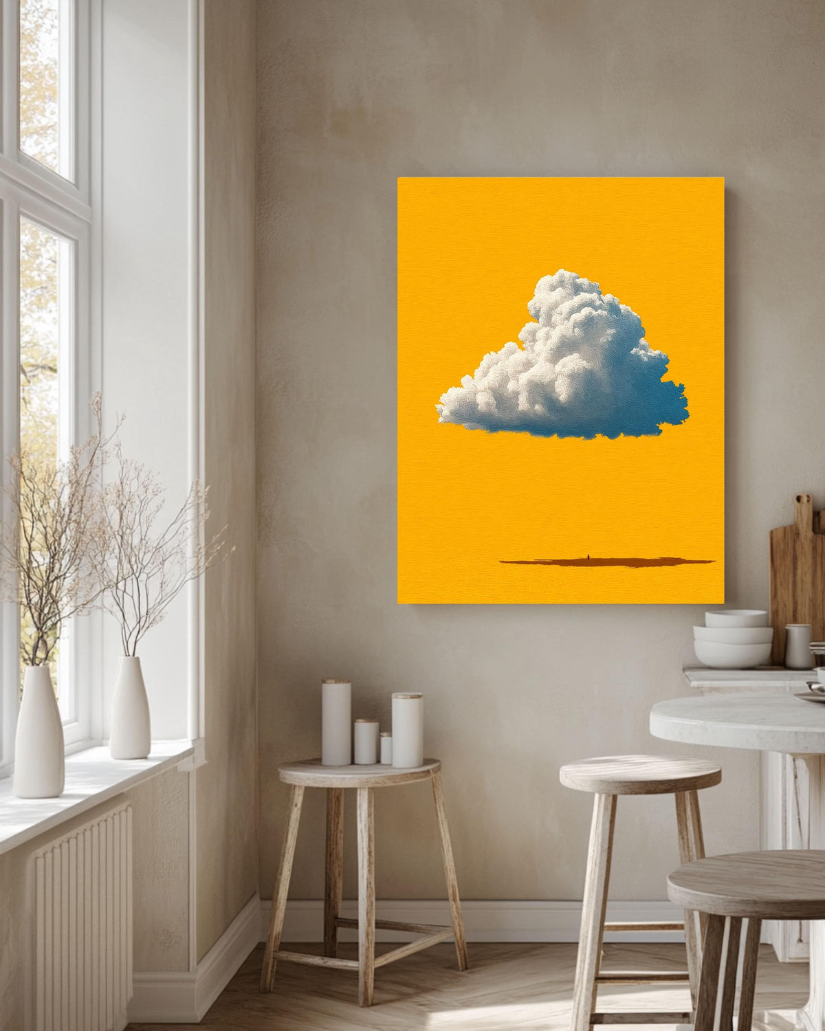 Minimalist Cloud Wall Art Canvas, Single Cumulus Cloud Print on Yellow Background, Modern Pop Art, Sunny Nursery Decor