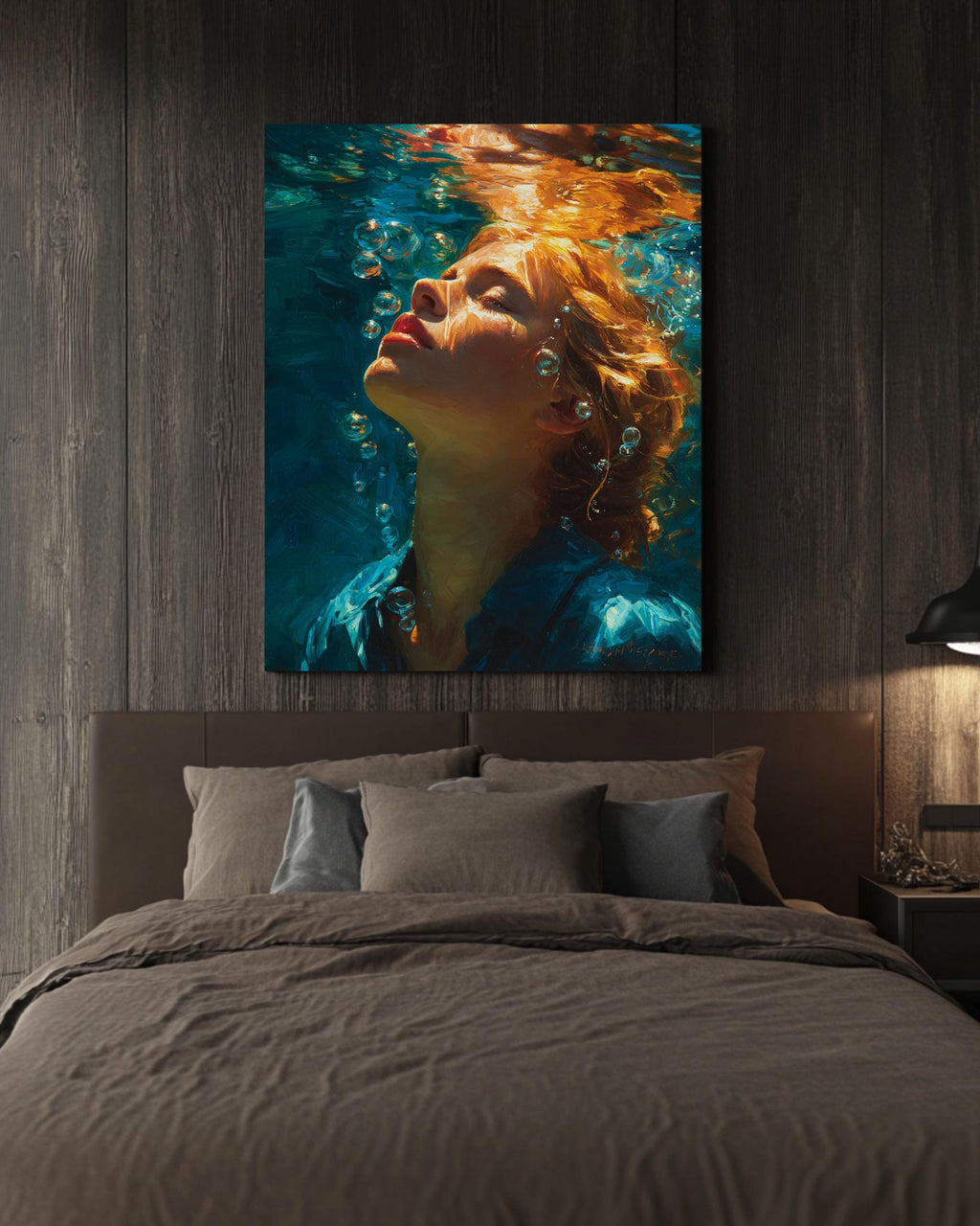 Stunning Underwater Oil Painting, Woman Swimming Canvas Art, Vibrant Redhead Portrait, Realistic Deep Blue Wall Decor