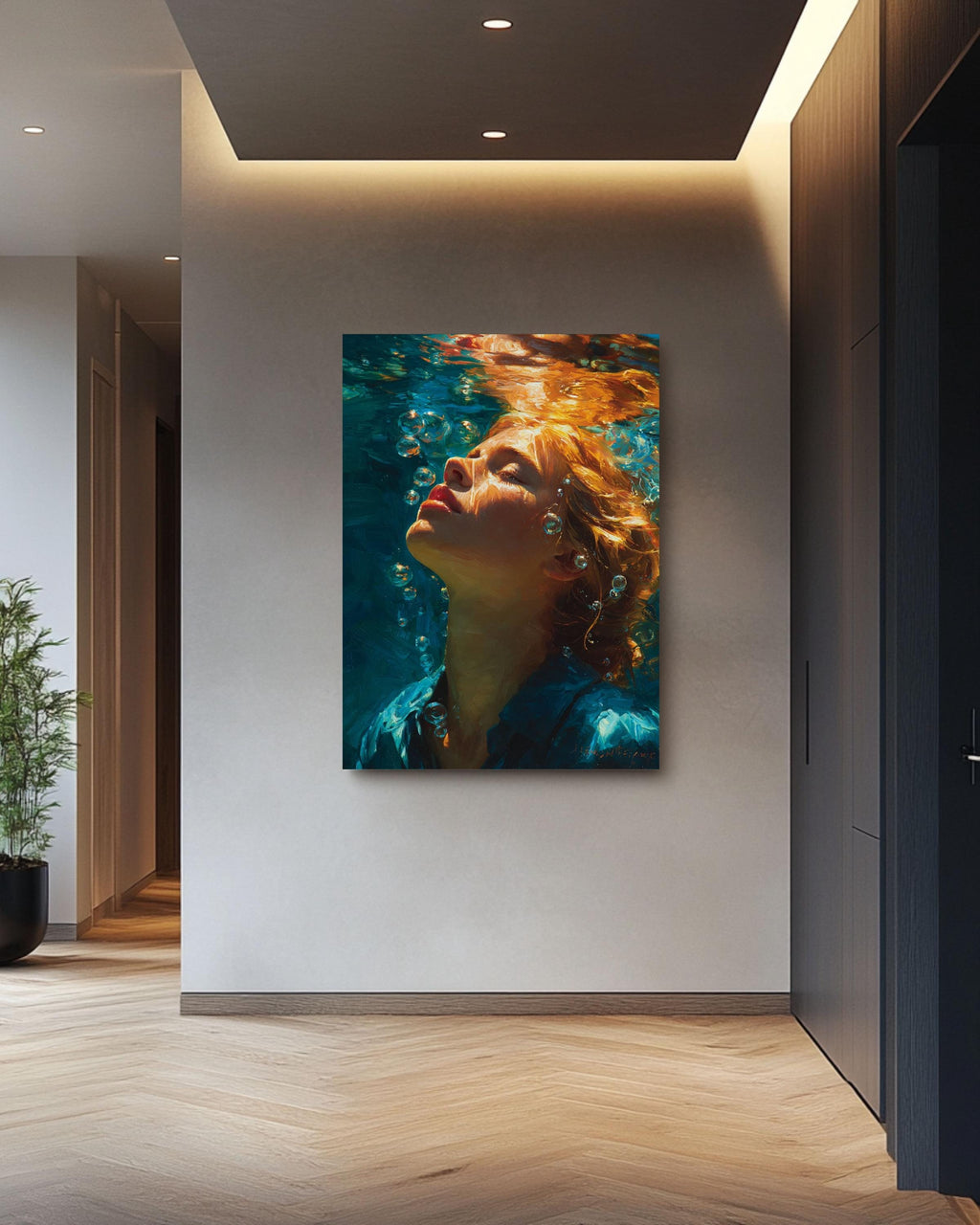 Stunning Underwater Oil Painting, Woman Swimming Canvas Art, Vibrant Redhead Portrait, Realistic Deep Blue Wall Decor