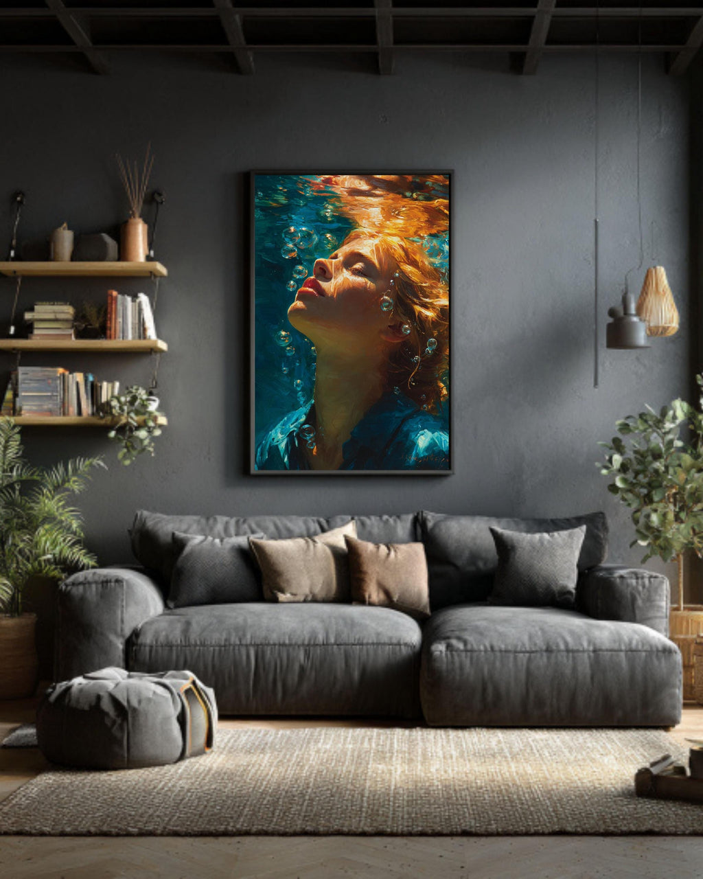 Stunning Underwater Oil Painting, Woman Swimming Canvas Art, Vibrant Redhead Portrait, Realistic Deep Blue Wall Decor