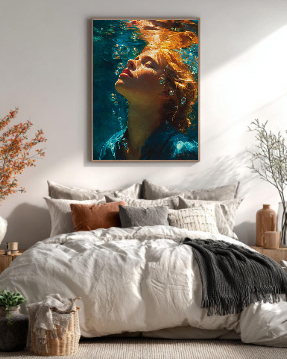 Stunning Underwater Oil Painting, Woman Swimming Canvas Art, Vibrant Redhead Portrait, Realistic Deep Blue Wall Decor