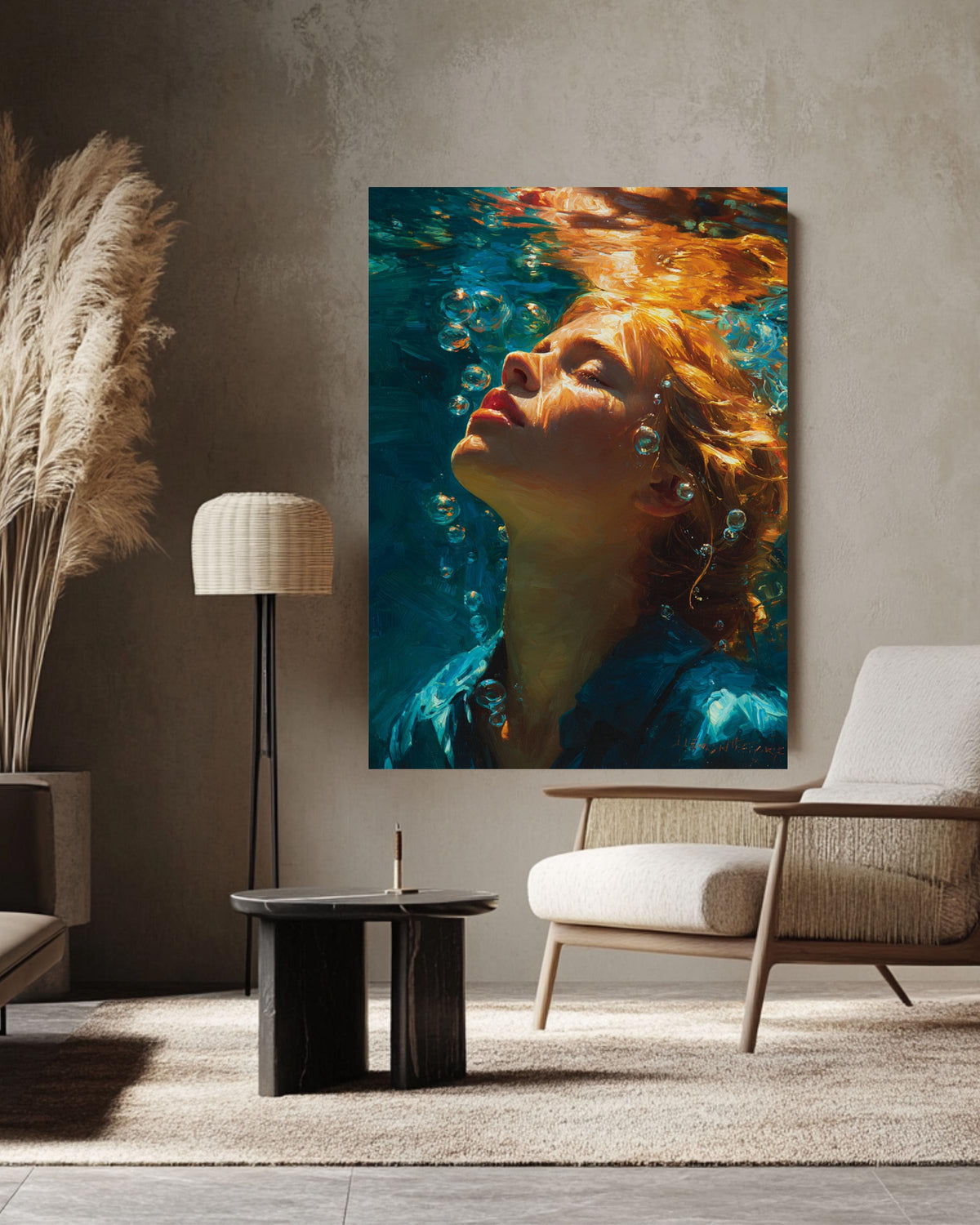 Stunning Underwater Oil Painting, Woman Swimming Canvas Art, Vibrant Redhead Portrait, Realistic Deep Blue Wall Decor