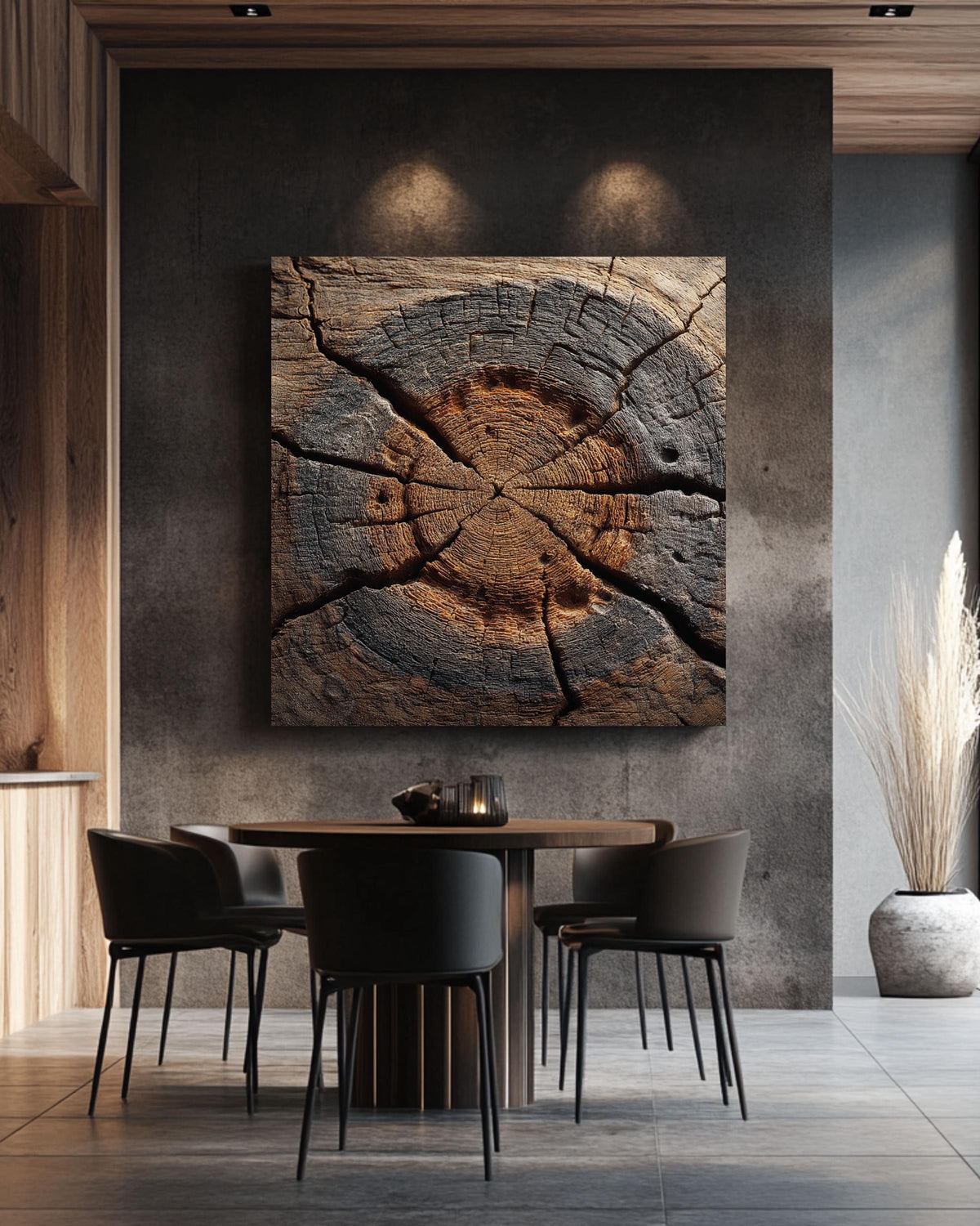 Rustic Tree Ring Cross-Section Canvas, Distressed Wood Grain Art Print, Organic Abstract Nature Texture Decor
