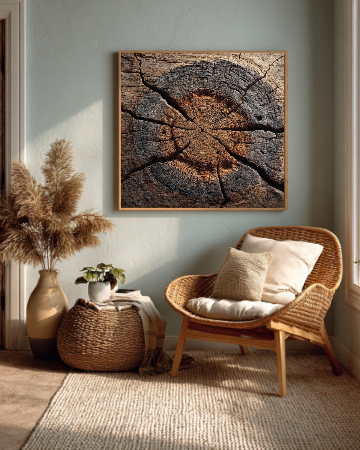 Rustic Tree Ring Cross-Section Canvas, Distressed Wood Grain Art Print, Organic Abstract Nature Texture Decor