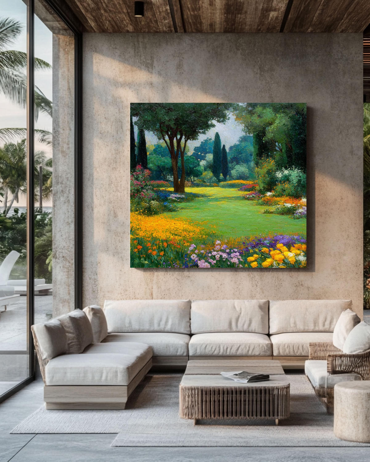 Impressionist Garden Landscape Painting, Gustav Klimt Style Floral Art, Vibrant Spring Meadow Canvas, Nature Wall Decor