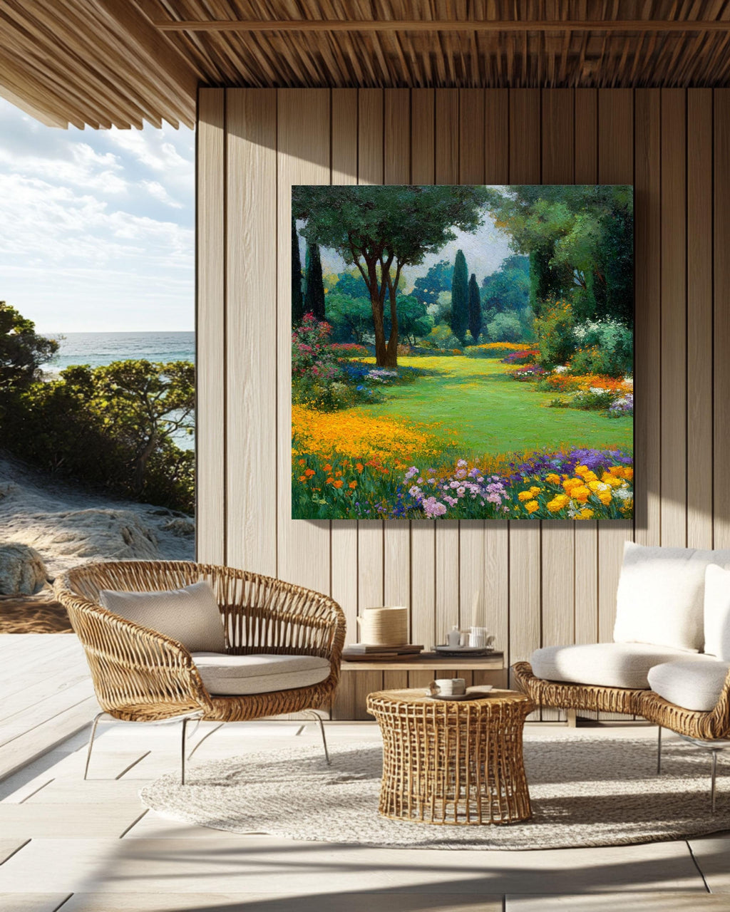 Impressionist Garden Landscape Painting, Gustav Klimt Style Floral Art, Vibrant Spring Meadow Canvas, Nature Wall Decor
