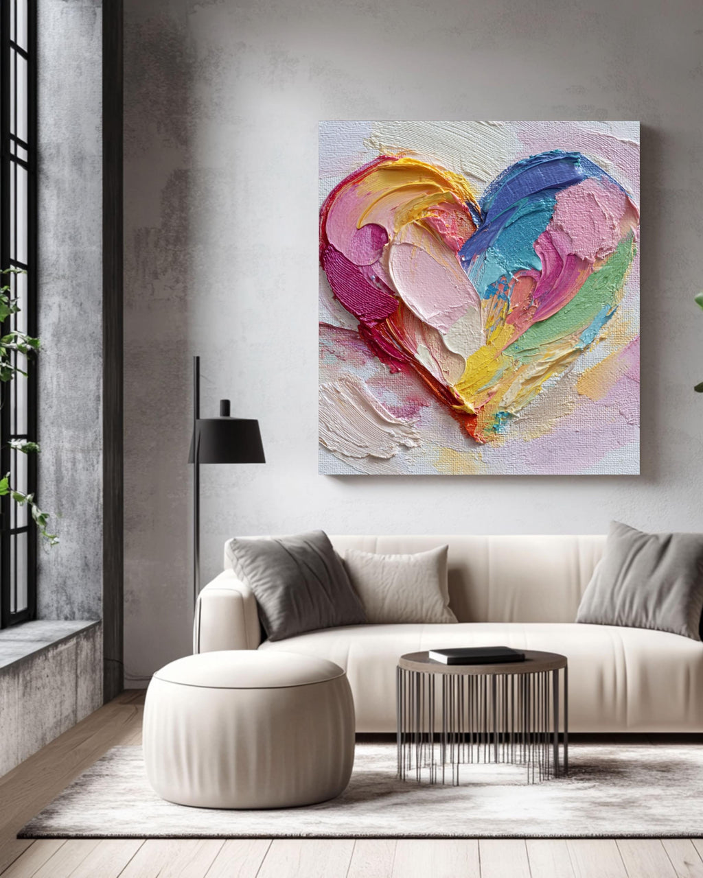 Colorful Heart Canvas Wall Art, Abstract Impasto Textured Decor