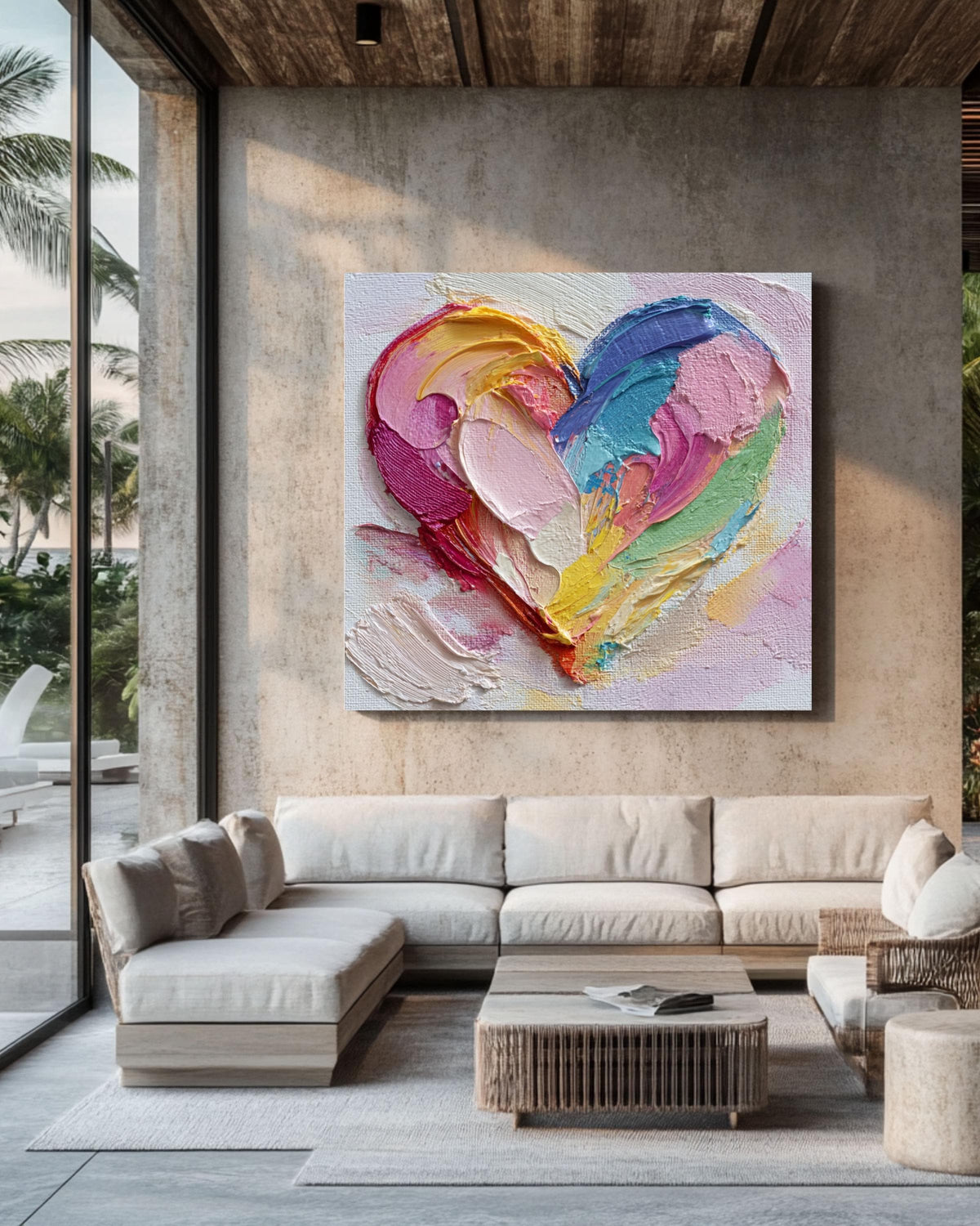 Colorful Heart Canvas Wall Art, Abstract Impasto Textured Decor
