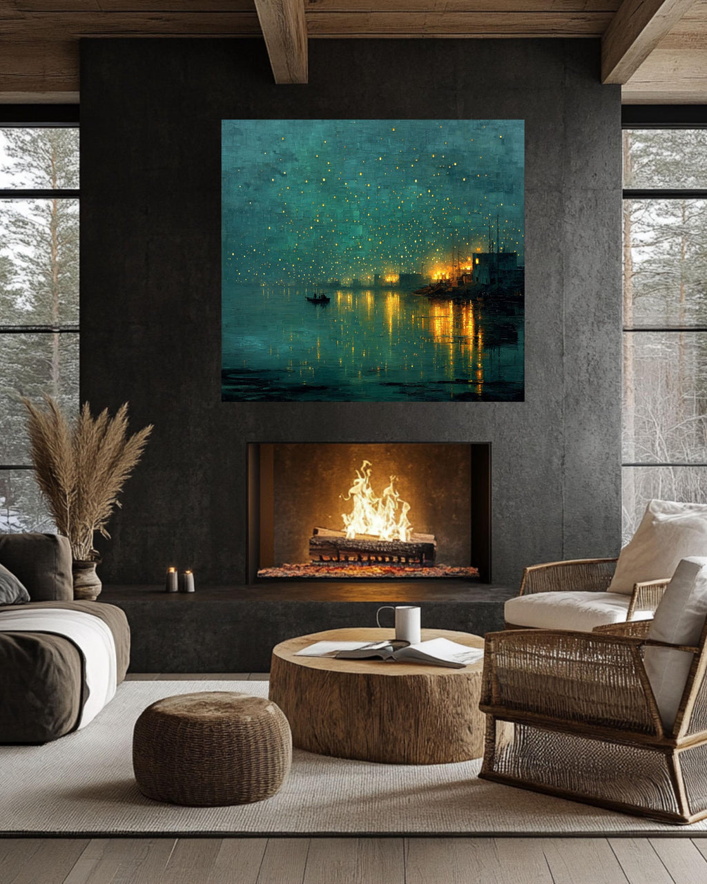 Abstract Night Waterscape Canvas, Dark Teal Green City Lights Painting, Moody Textured Harbor Art Print, Emerald Glow
