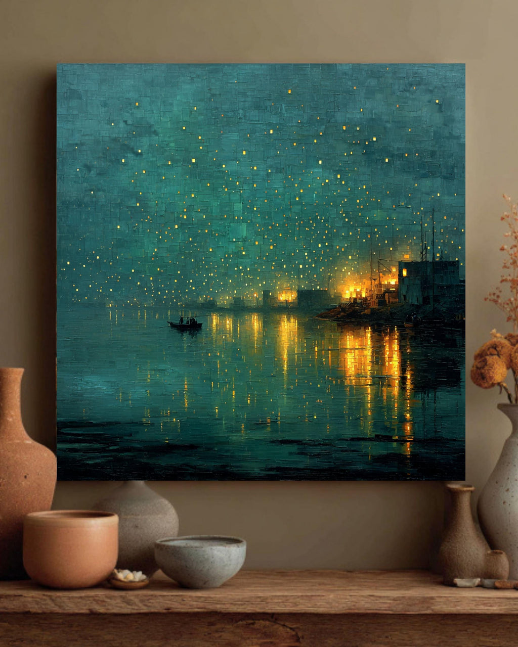 Abstract Night Waterscape Canvas, Dark Teal Green City Lights Painting, Moody Textured Harbor Art Print, Emerald Glow