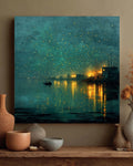 Abstract Night Waterscape Canvas, Dark Teal Green City Lights Painting, Moody Textured Harbor Art Print, Emerald Glow