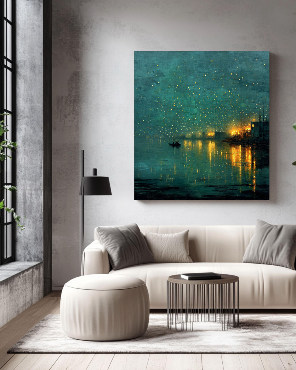 Abstract Night Waterscape Canvas, Dark Teal Green City Lights Painting, Moody Textured Harbor Art Print, Emerald Glow