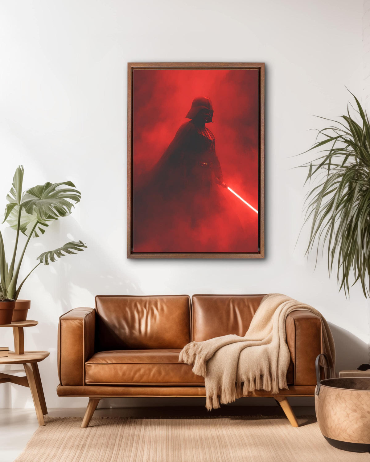 Darth Vader with Red Lightsaber Poster, Foggy Dark Background, Low Lighting Star Wars Artwork, Dramatic Sci-Fi Wall Art Canvas