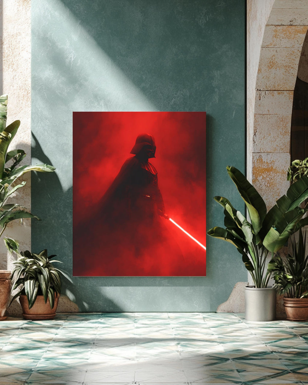 Darth Vader with Red Lightsaber Poster, Foggy Dark Background, Low Lighting Star Wars Artwork, Dramatic Sci-Fi Wall Art Canvas