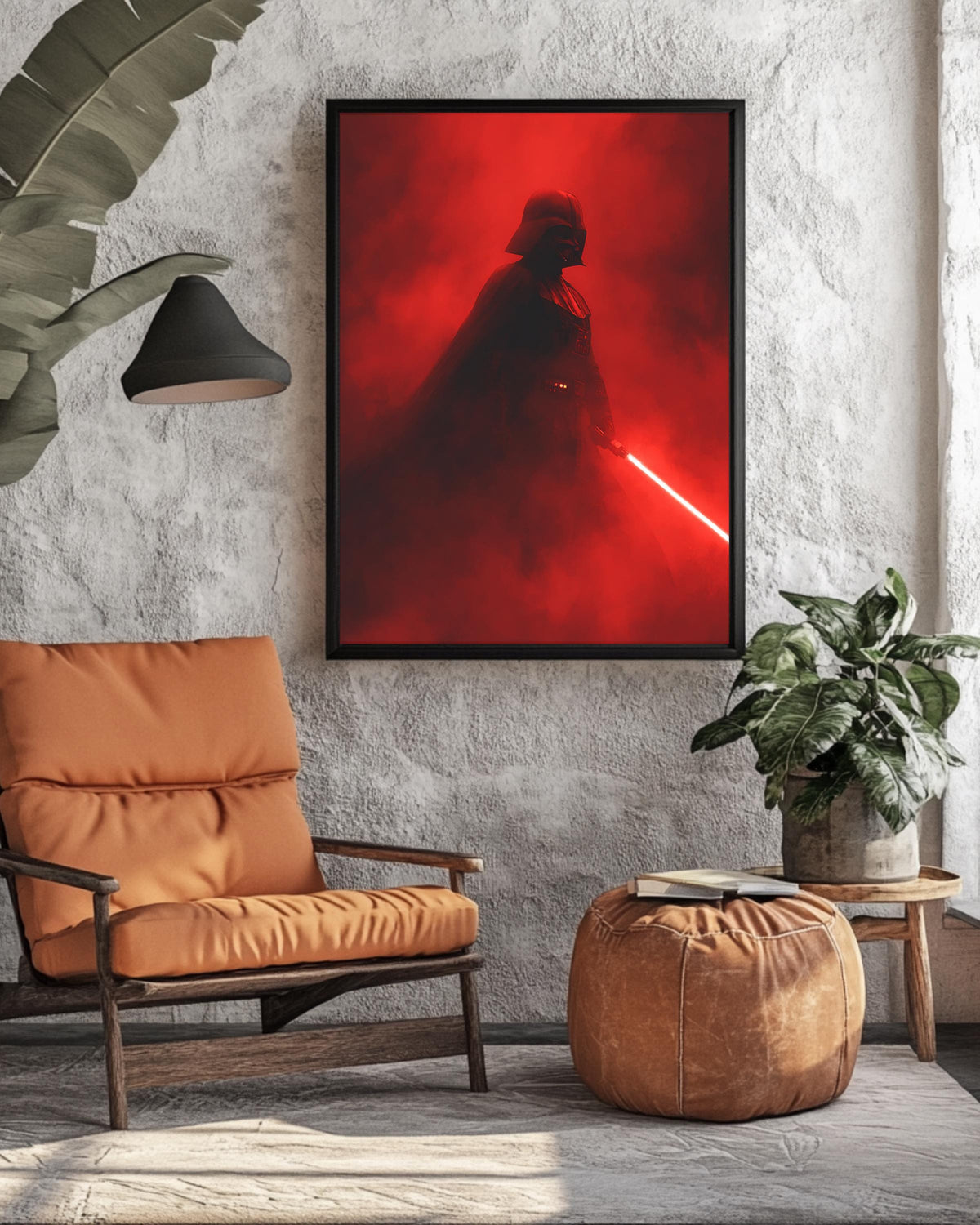 Darth Vader with Red Lightsaber Poster, Foggy Dark Background, Low Lighting Star Wars Artwork, Dramatic Sci-Fi Wall Art Canvas