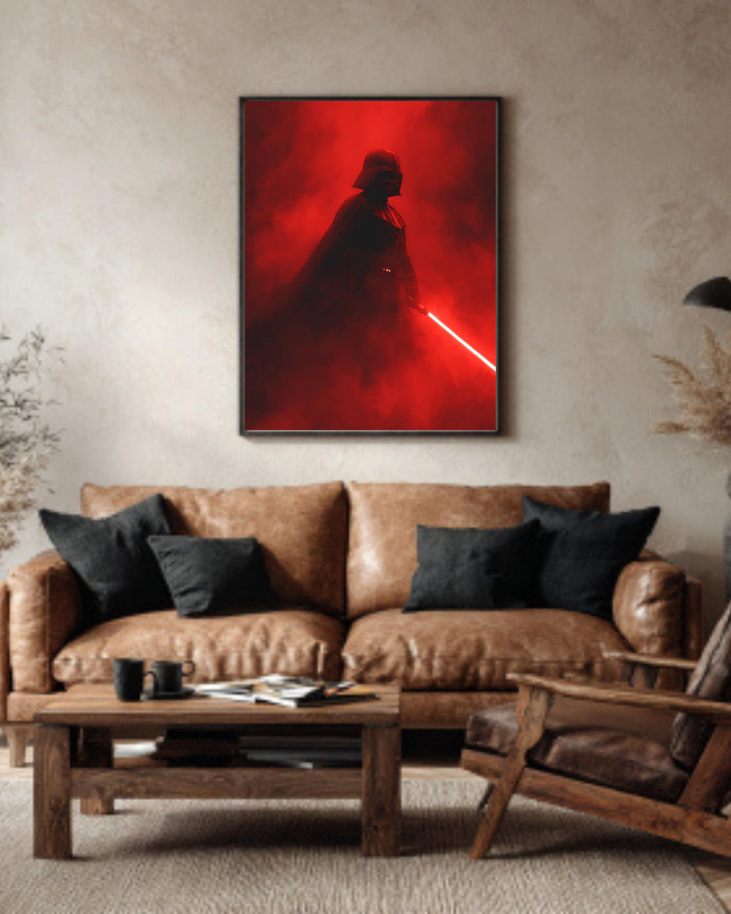 Darth Vader with Red Lightsaber Poster, Foggy Dark Background, Low Lighting Star Wars Artwork, Dramatic Sci-Fi Wall Art Canvas