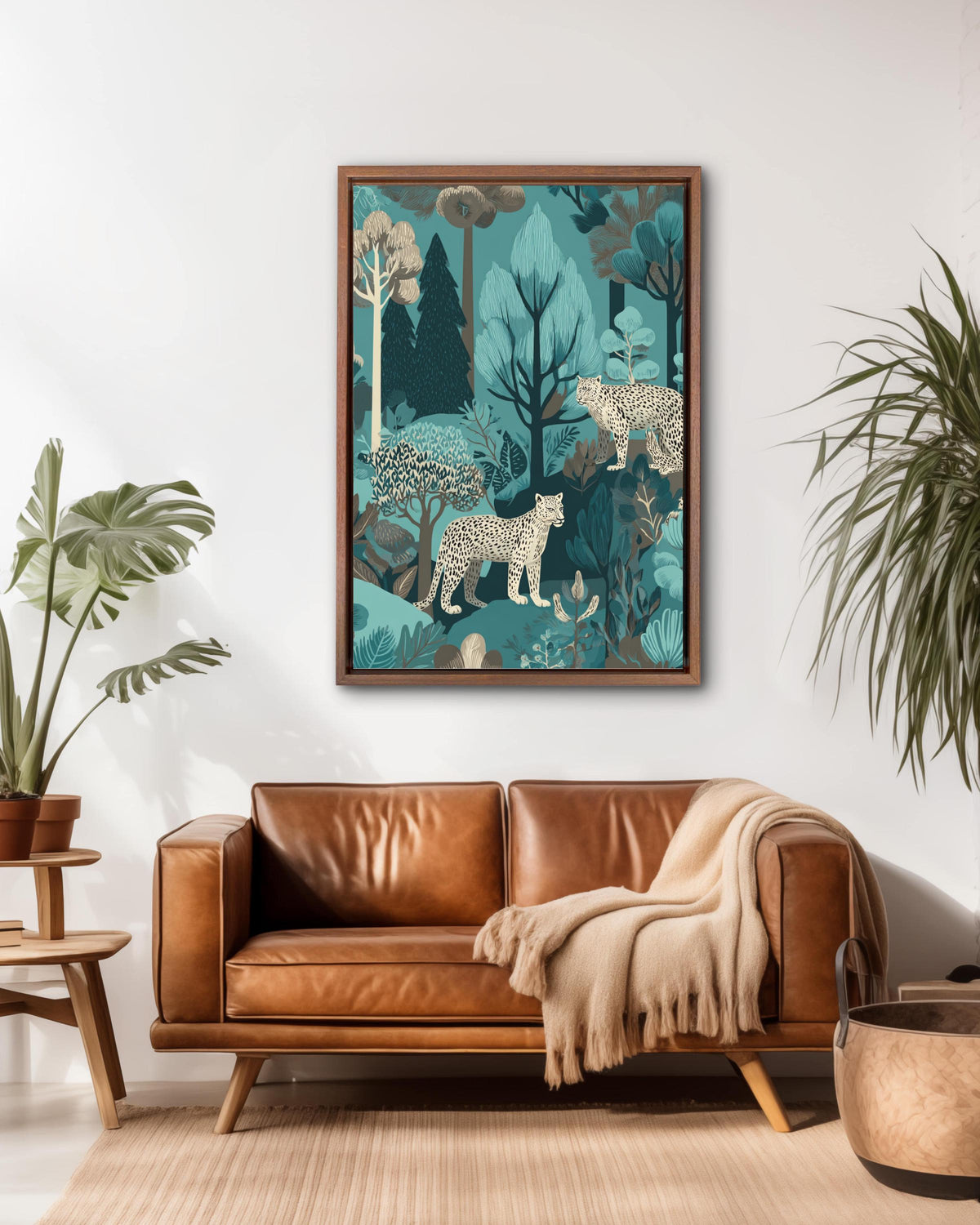 Teal Jungle Leopard Pattern Wall Art, Exotic Foliage and Trees Illustration, John Kaczynski & Mary Blair Inspired Poster Canvas