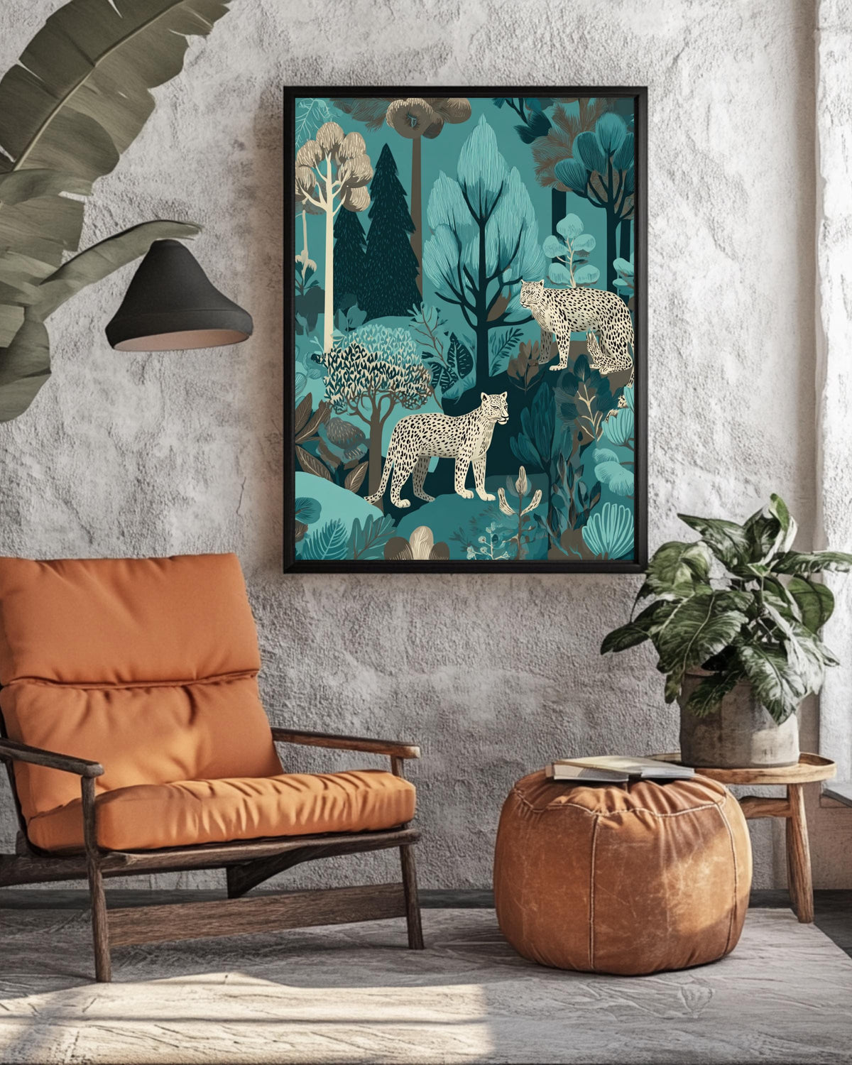 Teal Jungle Leopard Pattern Wall Art, Exotic Foliage and Trees Illustration, John Kaczynski & Mary Blair Inspired Poster Canvas
