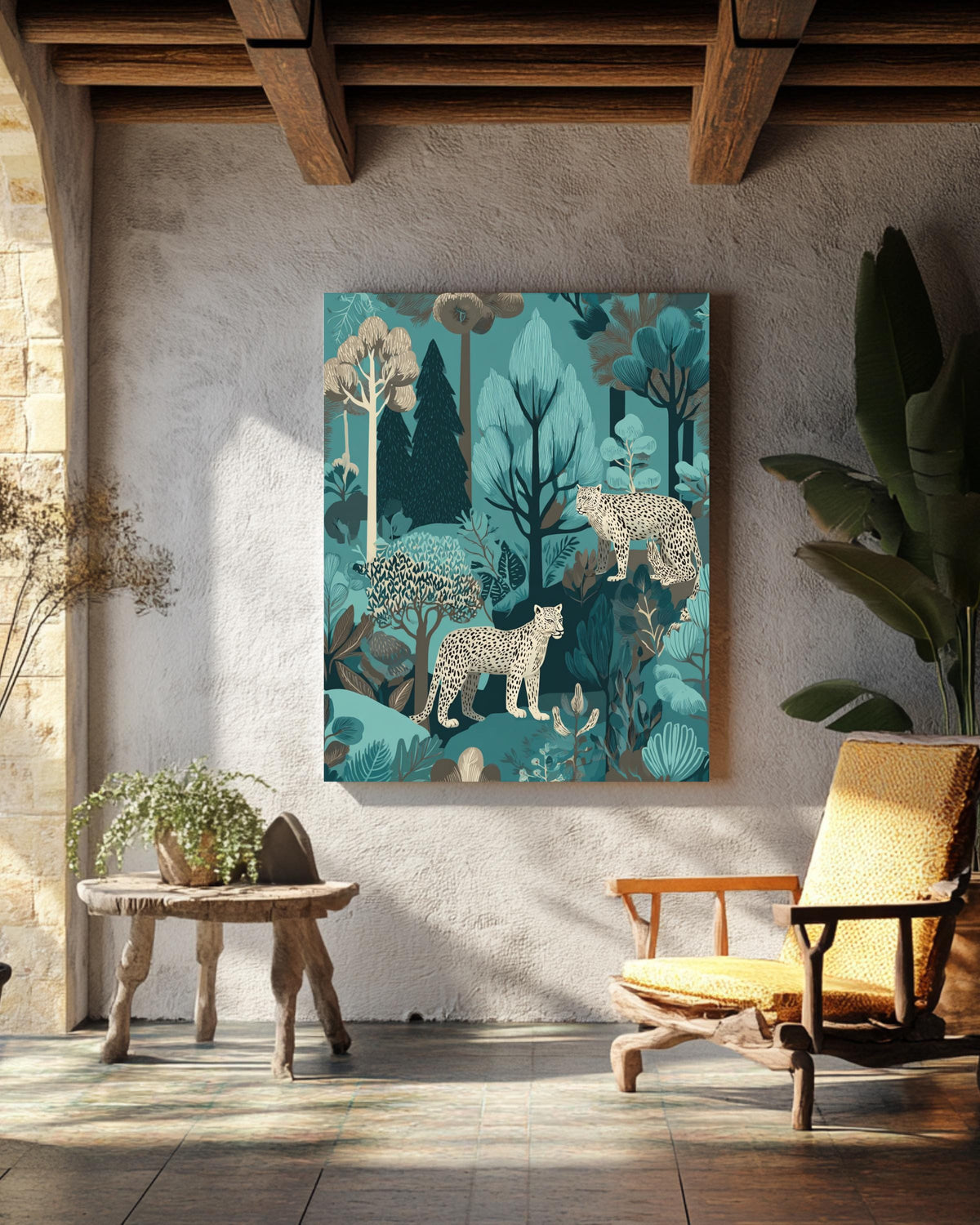 Teal Jungle Leopard Pattern Wall Art, Exotic Foliage and Trees Illustration, John Kaczynski & Mary Blair Inspired Poster Canvas