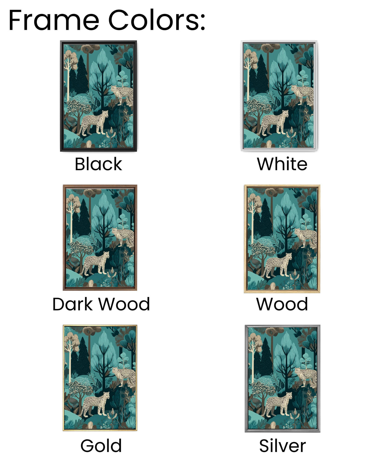 Teal Jungle Leopard Pattern Wall Art, Exotic Foliage and Trees Illustration, John Kaczynski & Mary Blair Inspired Poster Canvas