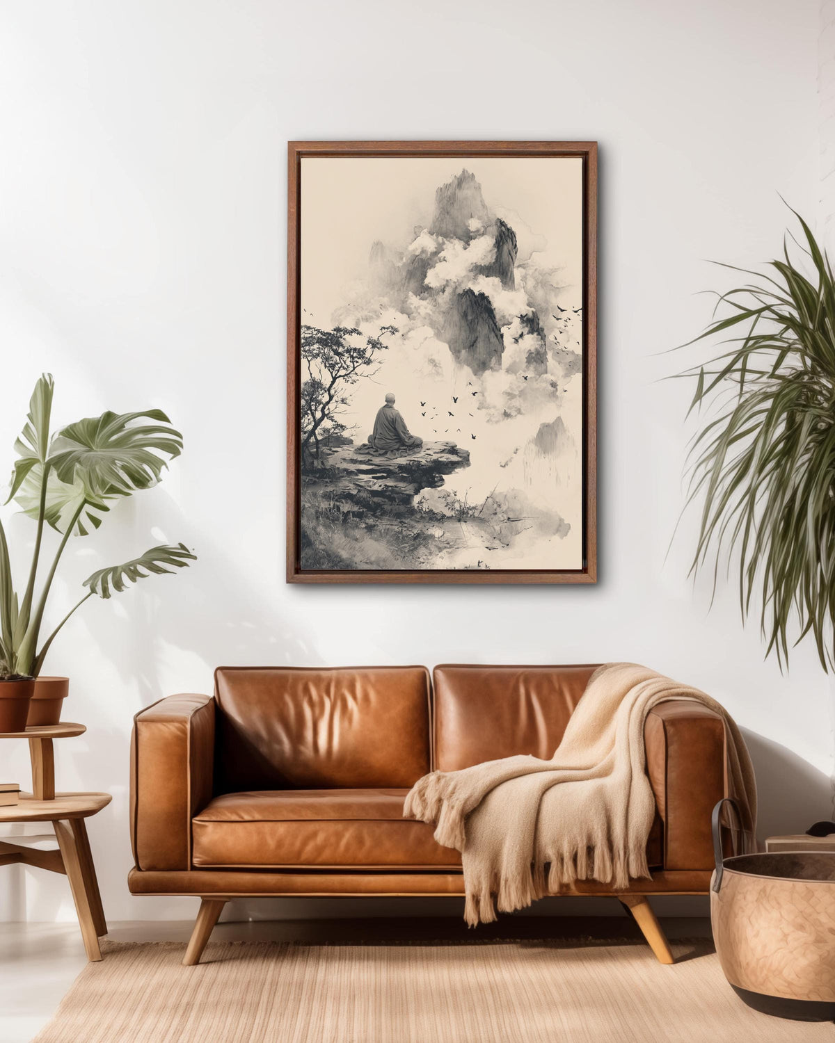 Buddhist Monk Meditating on Ancient Mountain, Muted Black Wall Art Poster Canvas, Zen Spiritual Home Décor